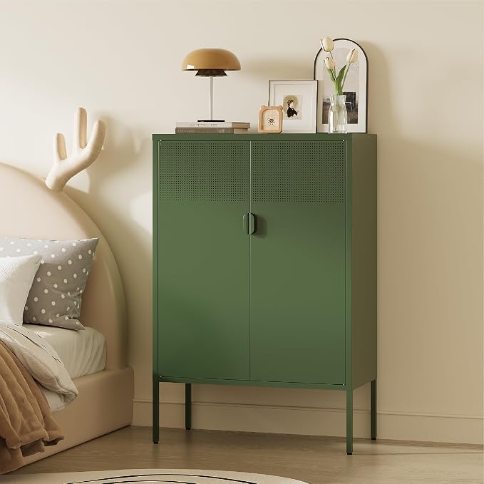 Metal Storage Cabinet,2 Door TV Stand, Metal Mesh Accent Cabinet,Magnetic Door Closure,Low Storage Cabinets with Doors and Shelves