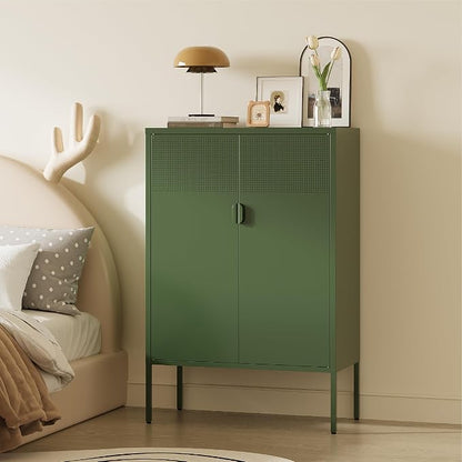 Metal Storage Cabinet,2 Door TV Stand, Metal Mesh Accent Cabinet,Magnetic Door Closure,Low Storage Cabinets with Doors and Shelves