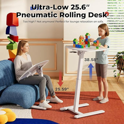 JOY worker Low Height Small Mobile Standing Desk for Couch, Height Adjustable TV Tray Table with 90° Foldable MDF Desktop, Portable Laptop Desk with Low Base & Lockable Hidden Casters, White