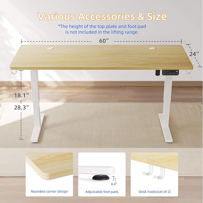 YIHAYO Low Height Adjustable Desk, Lifts 18.1-28.3 Inches, Electric Standing Desk for Short People, 60 x 24 Inches Computer Table with Splice Board for Home Office, Natural