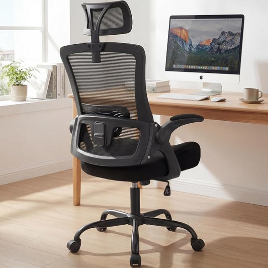NEO Chair Office Chair High Back Desk Chair Comfy Gaming Computer Mesh Seat with Ergonomic Lumbar Adjustable Headrest Rolling Flip-up Armrests and Wheels (Dark Black)