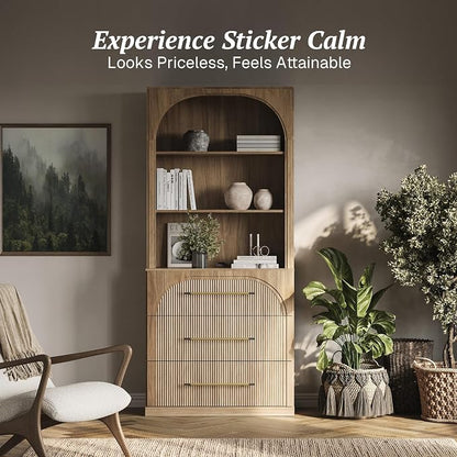 BELLEZE Tall Arched Storage Cabinet with Hutch and Drawers, Modern Bookcase with Display Open Shelves, Wood Highboard for Living Room, Kitchen Pantry and Home Office - Camel