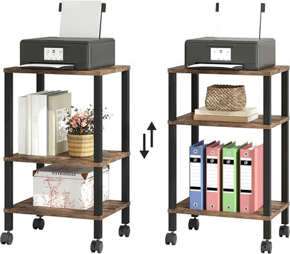 3-Tier Printer Stand with Storage, Mobile Printer Cart with Rolling Casters & Adjustable Feet, Under Desk Storage Shelf for Home Office, Small Printers,Rustic Brown, 15.7" x 11.8" x 25.9"