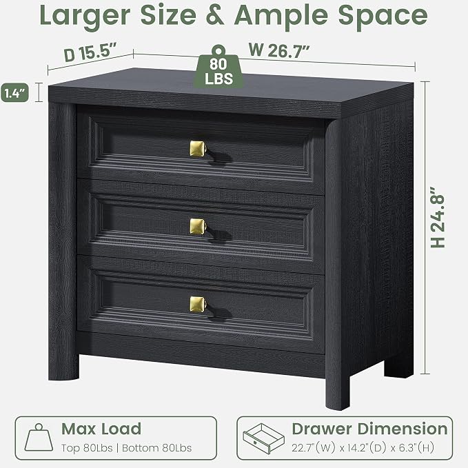 Black Night Stand Set of 2, Farmhouse Nightstand with 3 Drawers, 24.8” Tall Nightstand with Gold Knobs, Wood Bedside Table for Bedroom, Modern End Table for Living Room Office