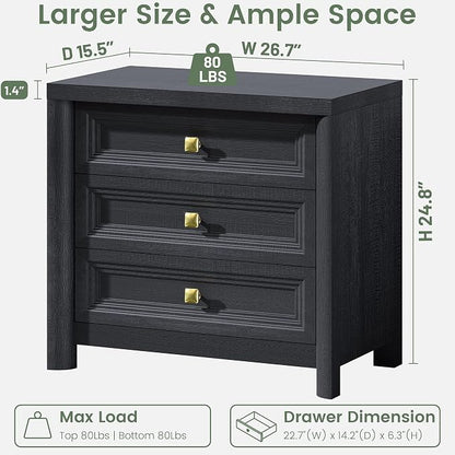 Black Night Stand Set of 2, Farmhouse Nightstand with 3 Drawers, 24.8” Tall Nightstand with Gold Knobs, Wood Bedside Table for Bedroom, Modern End Table for Living Room Office