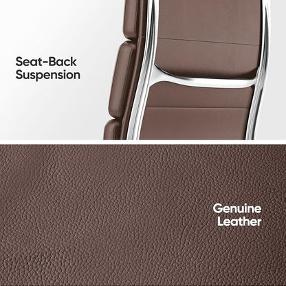 Genuine Leather Office Chair, Padded High Back Ergonomic Executive Desk Chair with Aluminum Arm Rest and Base, Swivel Wheels with Lumbar Support & Tilting Function, Hight Adjustable, Dark Brown