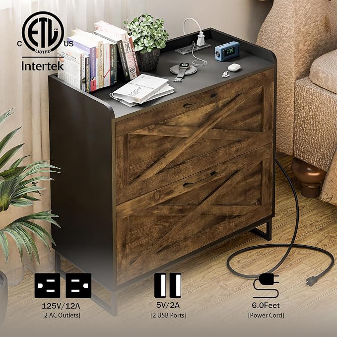 Vabches Lateral File Cabinet 2 Drawers File Cabinet with Charging Station, Modern Farmhouse Large Wood Home Office Furniture, Rustic Brown and Black