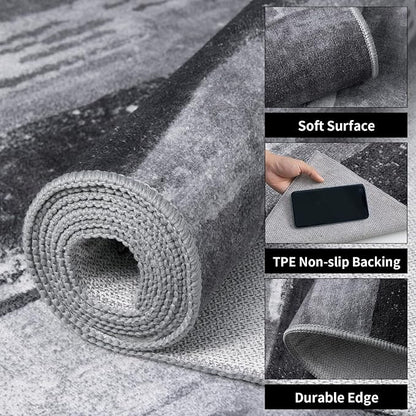 Ciicool Modern Abstract Grey Black Rug for Living Room, 9'x12' Machine Washable Area Rug Non-Slip, Low-Pile Contemporary Indoor Dining Floor Carpet for Bedroom Office Under Table Home Decor