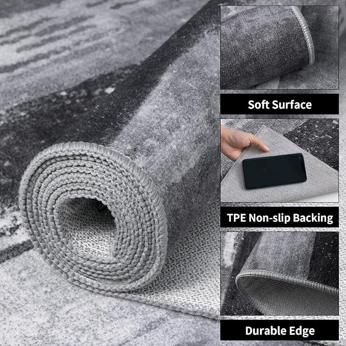 Ciicool 2x6 Washable Runner Rug, Modern Abstract Hallway Rugs Runner, Non-Slip Thin Accent Rug Lightweight Grey Black Print Distressed Carpet for Laundry Entryway Bedroom Kitchen Indoor