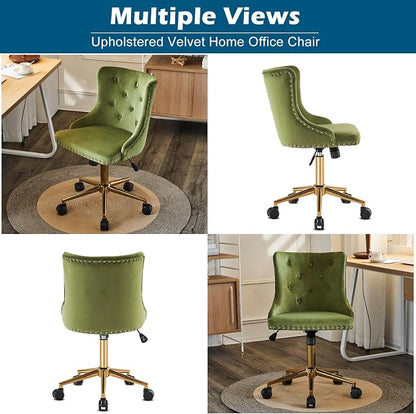 VINGLI Olive Green Velvet Armless Office Desk Chair with Gold Base/Wheels, Small Cute Vanity/Makeup Chair with Back for Bedroom, Upholstered Adjustable Rolling Swivel Nail Chair for Women/Girls