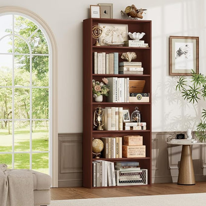 FOTOSOK 6-Tier Open Bookcase and Bookshelf, Freestanding Display Storage Shelves Tall Bookcase for Bedroom, Living Room and Office,Cherry Set of 2