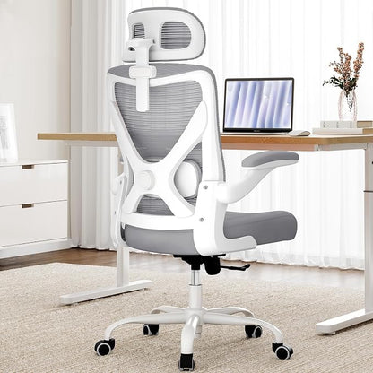 Ergonomic Office Chair: White Computer Desk Chair Comfy Gaming Chair for Adults - Office Chair with Lumbar Support & Headrest - Executive Office Rolling Chairs for Home Work (Grey)