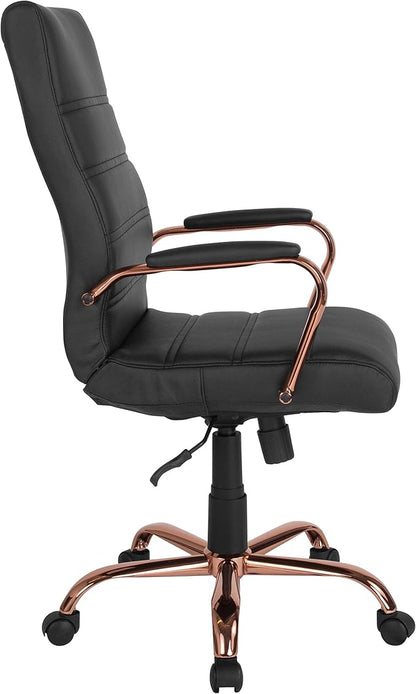 EMMA + OLIVER Faux Leather High-Back Swivel Home Office Desk Chair with Wheels, Padded Seat, and Armrests, Adjustable Height Multipurpose Office Chair, Black/Rose Gold