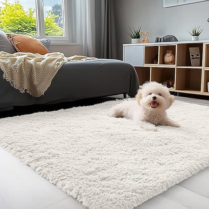 OLANLY 4x8 Area Rugs for Living Room Bedroom, Machine Washable Soft Fluffy Shaggy Bedside Rug, Indoor Floor Carpet for Kids Girls and Boys, Dorms, Nursery Rooms, Home Decor Aesthetic, Ivory