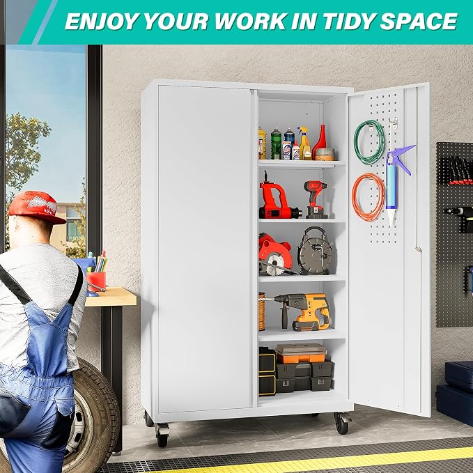 SISESOL Wide & Deep Metal Storage Cabinet with Wheels,Tall Rolling Garage Storage Cabinet with Lock,White Metal Cabinets with Pegboards and Shelves,Tool Locker for Garage,Home,Office,43''Wx 20''Dx71"H