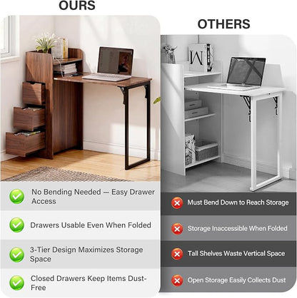 LAUSAINT HOME Wall Mounted Foldable Desk, Space Saving Hidden Desk with Storage & Power Outlet, Fold Out Table for Small Spaces, Home Office Bedroom (Walnut)