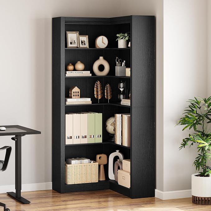 GarveeHome Corner Bookshelf Black, 71.8 in Black Corner Bookcase, L-Shaped Bookshelf Farmhouse Bookcase, 5 Tier Display Shelf Heavy Duty Bookcases, Bookshelves with Storage
