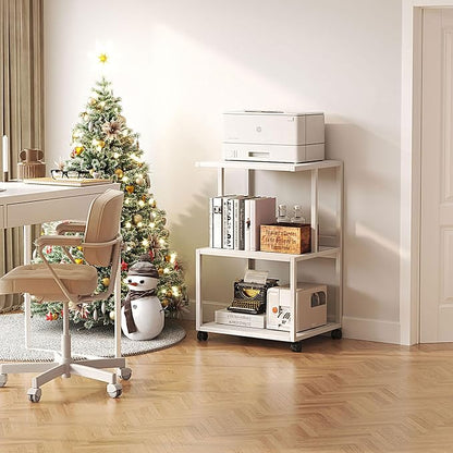 Mexin White 3 Tier Printer Table with Wheels, Industrial Rolling Cart with Storage Shelf for Scanner Fax, Home Office Use, 17.5 x 11.8 Inches