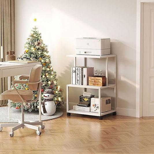 Mexin White 3 Tier Printer Table with Wheels, Industrial Rolling Cart with Storage Shelf for Scanner Fax, Home Office Use, 17.5 x 11.8 Inches