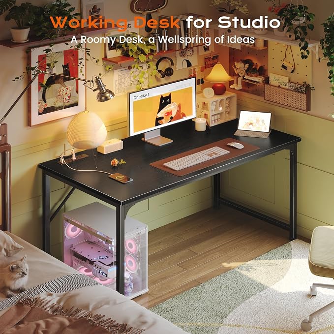 PRAISUN 47 X 24 Inch Computer Desk with Power Outlets & USB-C Port, Office Desk with Deeper Desktop, Study, Bedroom, Writing Work from Home Table, Metal Frame, Black