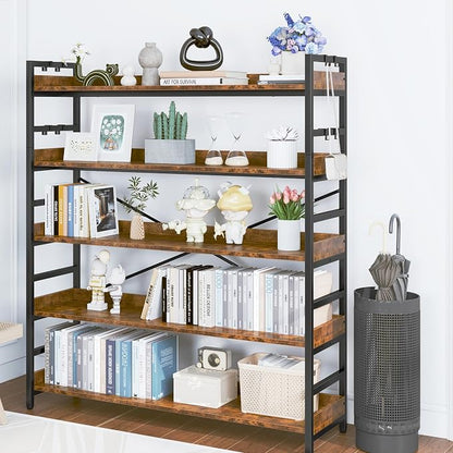HCHQHS 5 Tier Bookshelf, Adjustable Industrial Bookcase, Vertical Tall Book Shelf, Wood and Black Metal Open Bookshelves for Home Office, Living Room, Bedroom