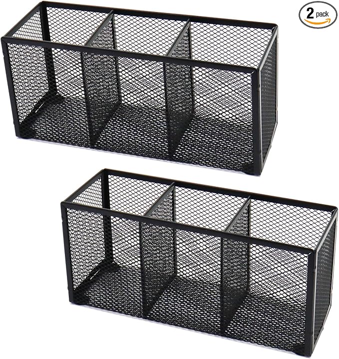 2PCS Black Mesh Pen Pencil Holder, Small Metal Desk Organizer Desktop Stationery Office Supplies Acessories Storage Stand, 3 Compartments Brushes Holder for Home School Classroom Teachers