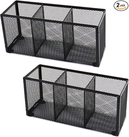 2PCS Black Mesh Pen Pencil Holder, Small Metal Desk Organizer Desktop Stationery Office Supplies Acessories Storage Stand, 3 Compartments Brushes Holder for Home School Classroom Teachers