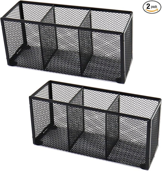 2PCS Black Mesh Pen Pencil Holder, Small Metal Desk Organizer Desktop Stationery Office Supplies Acessories Storage Stand, 3 Compartments Brushes Holder for Home School Classroom Teachers