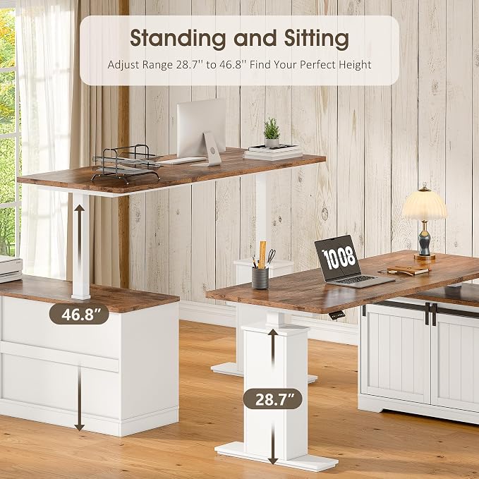 Whalefall 55" Farmhouse L Shaped Standing Desk with Storage Drawers, White | Home Office Electric Remote Work Desk with Cable Management and Deep Filing Cabinet Height Adjustable Corner Desk for Gaming