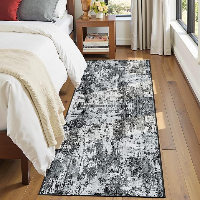 RELEANY Washable Area Rugs 2'x8' Non-Slip Modern Abstract Soft for Living Room Entryway Bedroom Kitchen, Print Pattern, Black Navy Blue Gray