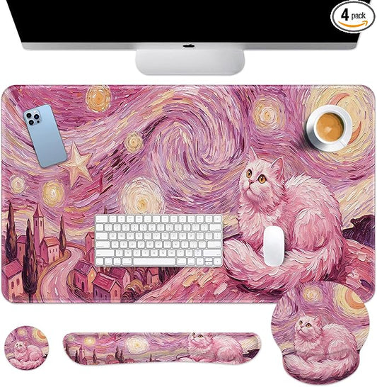 Britimes Pink Cat Moon Keyboard Mouse Pad Set Oil Painting Aesthetic 4in1 Large Mousepad+Keyboard Wrist Rest+Mouse Wrist Rest+Coaster Ergonomic Design for Home Office Computer 35.4x15.7 inches