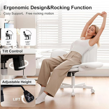 Misolant Criss Cross Chair with Armrests & Wheels for Cross-Legged Sitting, Comfortable PU Leather Vanity Chair, Office Desk Chairs with Adjustable Rocking Function, for Home, Bedroom White