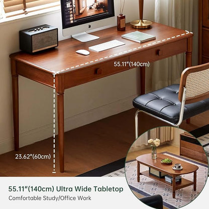 Solid Wood Computer Desk, Mid-Century Modern Home Office Desk with Drawers for Study, Working, Home Office 55" W