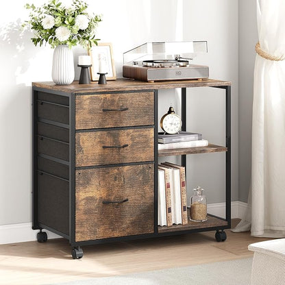 VINGLI 3 Drawer File Cabinet with Wheels Under Desk Printer Stand, Rolling File Cabinet with Shelves Adjustable, Mobile Lateral Filing Cabinet for Home Office, Fits Letter Size, Rustic Brown