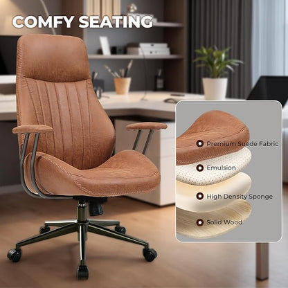 Home Office Chair,Ergonomic Computer Chair with Lumbar Support Adjustable Height,Mid-Century Modern Office Chair with Rolling Swivel Chair for Home Office Game Study(Suede High Back Chair,Light Brown)