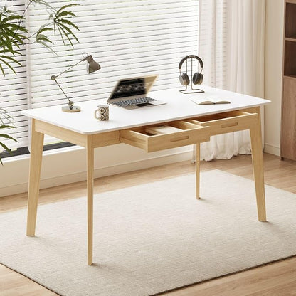 Timechee 47 Inch Compact Computer Gaming Desk, White Study Work Office Desk with 2 Storage Drawers, Rectangular Study Reading Table, Simple Computer Writing Table for Home Office, Living Room