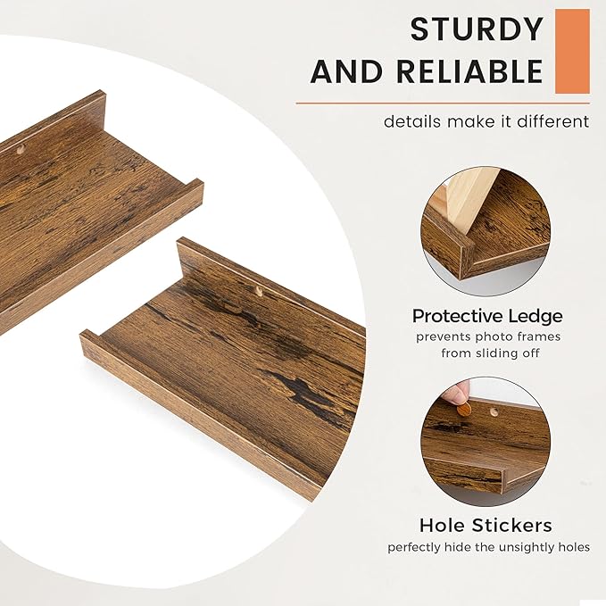 FLYJOE Picture Ledge Shelf, Floating Shelves Set of 2, 52 Inches Nursery Book Shelves for Toys Storage, Kids Bookshelf Wall Mounted for Living Room Bedroom Decor Books Photo Frames, Rustic Brown