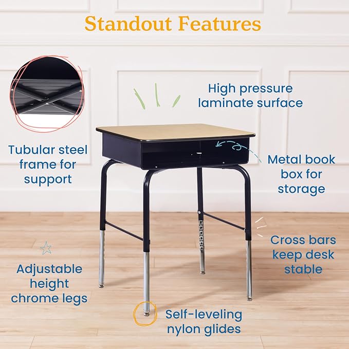 ECR4Kids Open Front Desk with Metal Storage Book Box, Adjustable, Classroom Furniture, Maple/Black