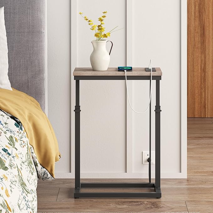 TUTOTAK End Table with Charging Station, Side Table, Tall Couch Table, Sofa Table, Living Room, Bedroom,Greige TB01BG084