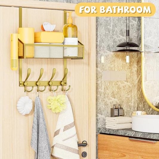 Kaiferty Over The Door Hooks Organizer, Coat Rack Over The Door Storage Hanger Towel Rack, Back of Door Storage Organizer for Bathroom,Bedroom,Kitchen,Office (Gold, 2-Tier)