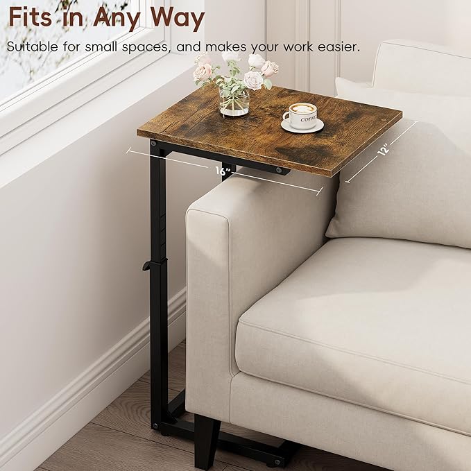 Vagusicc C-Shaped End Table for Couch, 33" Tall C Table Adjustable Height Side Table, Couch Side Tables with Metal Frame Slide Under Sofa, Sofa Table TV Tray for Living Room, Bedroom, Bedside, Brown