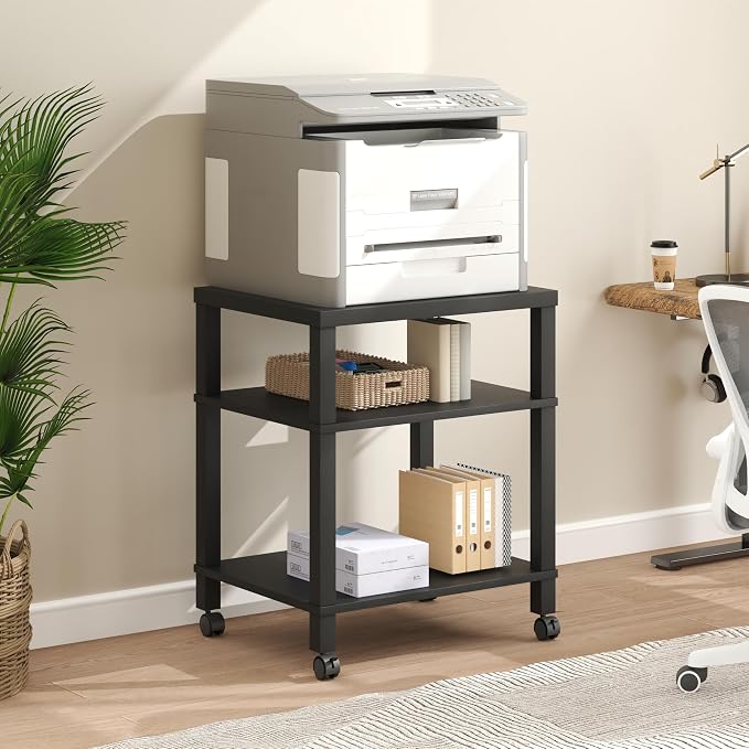 3-Tier Printer Stand with Wheels, Large Under Desk Rolling Cart for Office Storage, Heavy Duty Machine Stand with Adjustable Shelf, 22.04"x17.71"x26.54", Black
