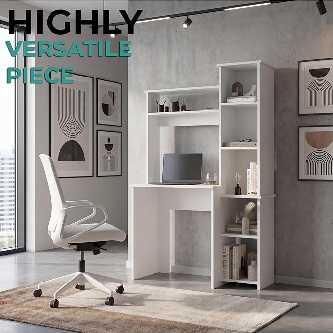 Tuhome Versalles Writing Desk with Two Superior Shelves, Five Side Open Storage Compartments, Space-Saving Modern Workstation Design for Studios and Offices, Ideal for Organization, Books