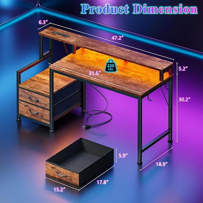 Furologee 47" Gaming Desk with LED Lights & USB-C Port, Reversible Computer Desk with Monitor Stand, Storage Shelves & 2 Fabric Drawers, Home Office Desk with Power Outlets & Hooks, Rustic Brown