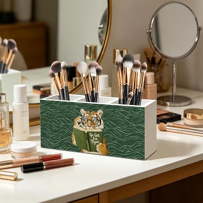 Funny Motivational Tiger Reading Pen Pencil Holder Organizer for Desk Accessories, Book Lover Reader Gifts, Eclectic Green Japandi Animal Bookish Wood Signs for Reading Nook Room Library Decor