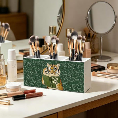 Funny Motivational Tiger Reading Pen Pencil Holder Organizer for Desk Accessories, Book Lover Reader Gifts, Eclectic Green Japandi Animal Bookish Wood Signs for Reading Nook Room Library Decor