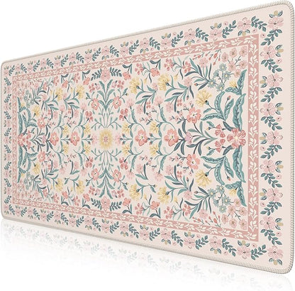 iCasso Pink Floral Desk Mat, Desk Pad, XXL Large Mouse Pad, Anti-Slip Big Mousepad with Stitched Edges, Computer Mouse Pads for Desktop Decor, Cute Office Desk Accessories for Women(Pink)