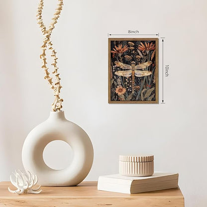 Vintage Framed Dragonfly Wall Art, Dark Academia Insect Art Print, Modern Farmhouse Wall Decor, Botanical Floral Canvas, Rural Dragonfly Painting Artwork for Bedroom Living Room 8x10 inch