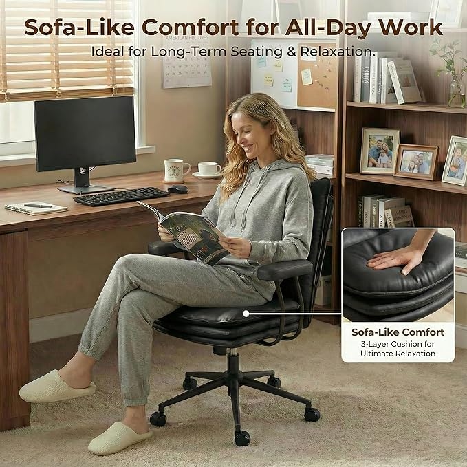 Black Leather Office Chair with Triple-Layer Seat, Home Desk Chair | Comfy 7.3-inch Thick Cushion, Mid Back Ergonomic Support for Long Hours, Smooth Silent Wheels, Mid-Century Vintage Style