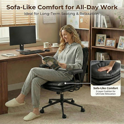 Black Leather Office Chair with Triple-Layer Seat, Home Desk Chair | Comfy 7.3-inch Thick Cushion, Mid Back Ergonomic Support for Long Hours, Smooth Silent Wheels, Mid-Century Vintage Style